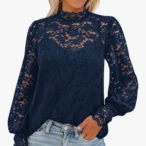 Lace Mock Neck Long Sleeve Top - Navy